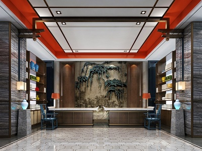 3d新中式酒店大厅模型