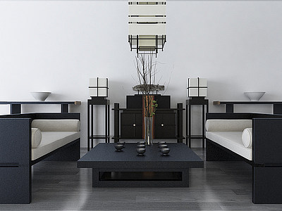 3d新中式沙发边柜吊灯模型