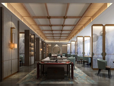 3d新中式酒店餐厅行政酒廊模型
