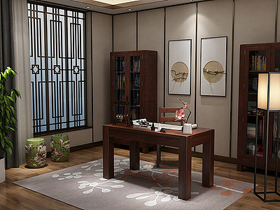 3d中式书房书房书柜模型
