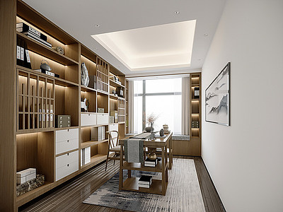 3d新中式家居书房模型