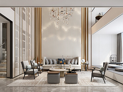 3d新中式客厅多人沙发模型