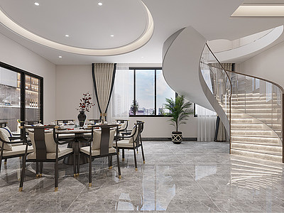3d新中式别墅客厅模型