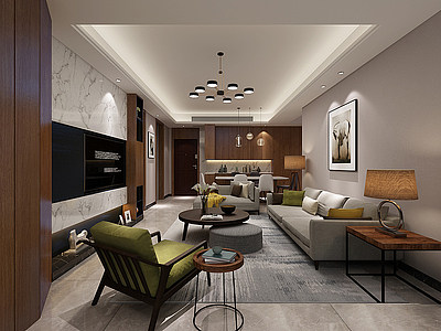 3d现代客厅沙发组合吊灯餐桌模型