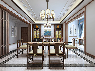 3d新中式经理办公室书房茶室模型