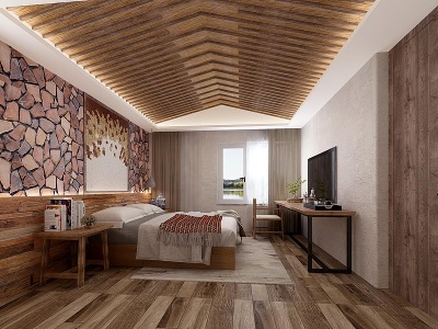 3d新中式民俗酒店客房大床房模型