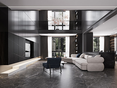 3d现代暗灰色别墅客厅模型