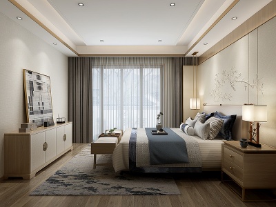 3d新中式卧室床组合模型