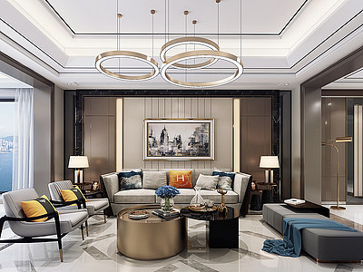 3d现代轻奢客厅沙发茶几组合模型