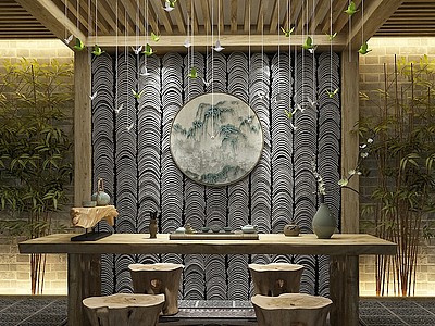 中式茶台茶桌椅瓦片背景墙模型3d模型