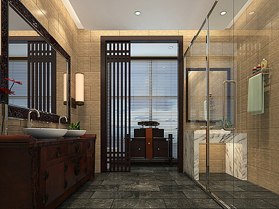 3d新中式酒店卫生间模型