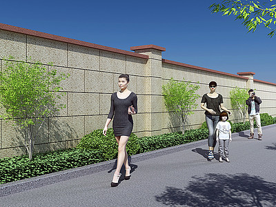 3d现代小区真石漆院墙绿化带模型