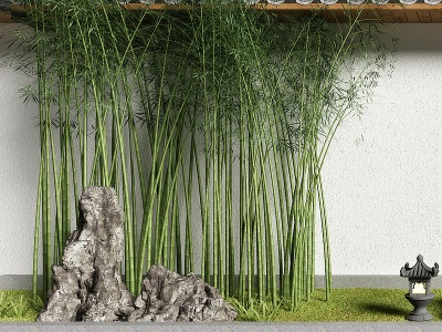 3d新中式庭院假山竹子景观模型