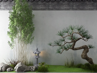 3d新中式景观小品竹子松树模型