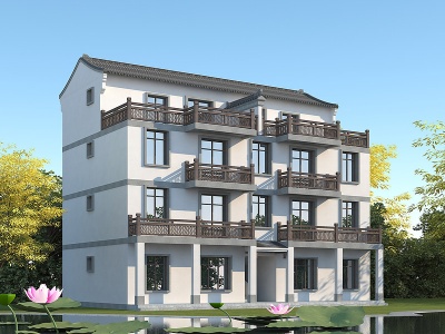 中式别墅一梯两户青瓦白墙模型3d模型