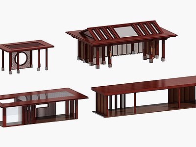 新中式平顶长廊凉亭模型3d模型