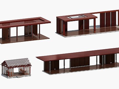 3d新中式平顶长廊凉亭模型