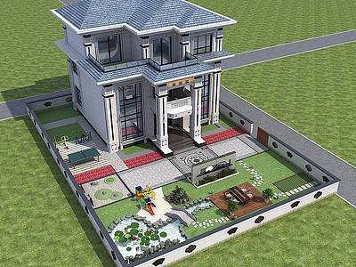 3d中式景观庭院别墅模型