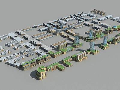 3d仓储规划厂房办公鸟瞰拼楼模型
