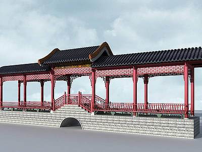 中式古建桥廊凉亭园林景观3d模型