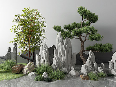 景观小品假山石头松树模型3d模型