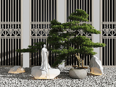 3d景观小品雕塑人物山石松树模型