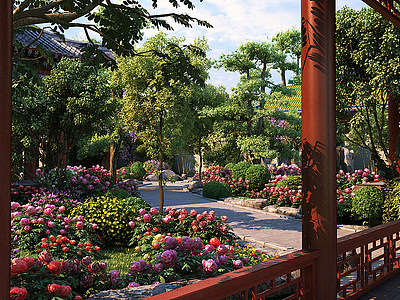 3d中式庭院花园模型