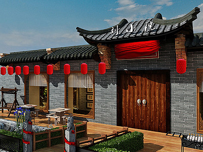 传统中式古建筑餐厅门头模型