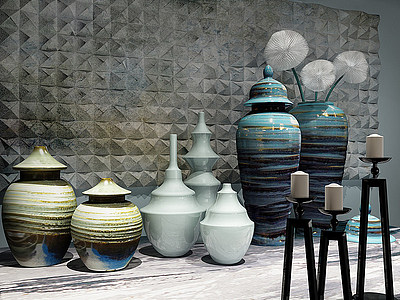 中式陶瓷罐装饰品摆件模型