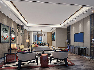 3d新中式客厅新中式沙发茶几模型