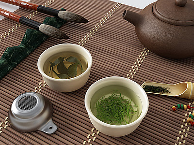 3d现代茶叶茶杯茶壶模型