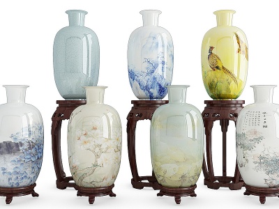 3d中式陶瓷花瓶组合模型