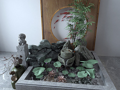 3d新中式景观小品荷花竹子模型
