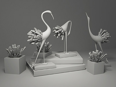 现代水晶黄铜仙鹤摆件模型3d模型