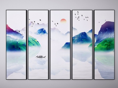 3d新中式山水挂画装饰画组合模型