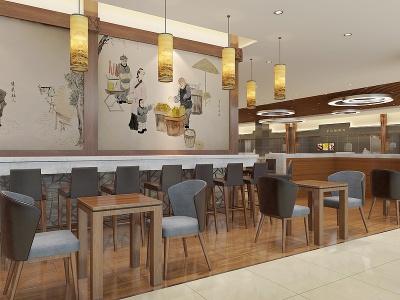 3d新中式风格餐厅餐饮模型