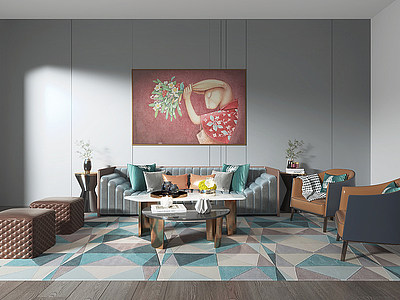 现代沙发茶几组合沙发挂画模型3d模型