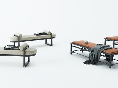 3d新中式床尾凳换鞋凳组合模型