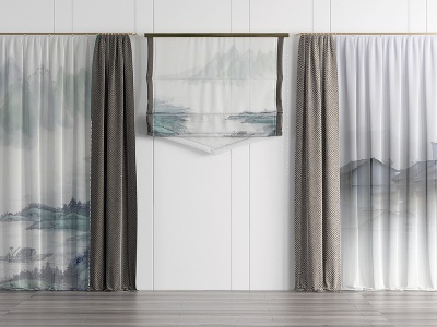 3d新中式窗帘组合模型