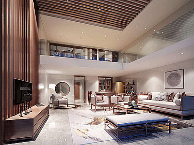 别墅两层调高新中式客厅模型3d模型