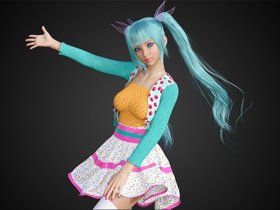 蓝发游戏人物美女女生模型3d模型