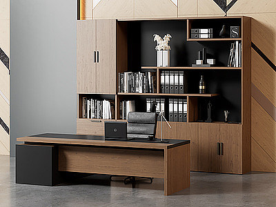 总经理办公室桌椅书柜组合模型3d模型