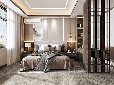 3d新中式家居淡雅卧室模型