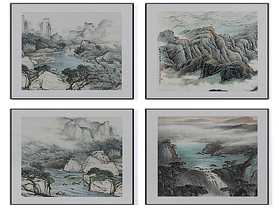 中式灰蓝色山水风景四拼画模型