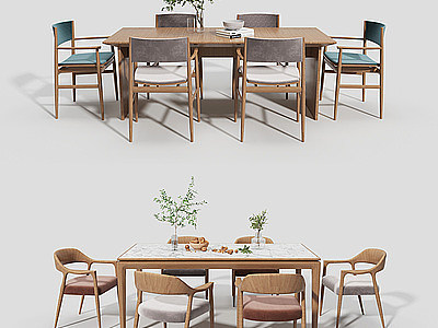 3d现代原木实木餐桌椅组合模型