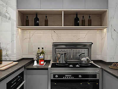 3d现代U型开放式厨房模型