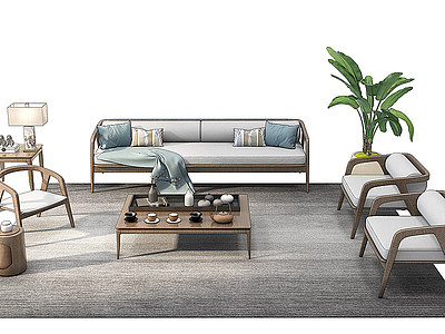 新中式沙发茶几组合模型