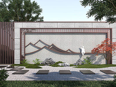 3d新中式院墙景墙模型
