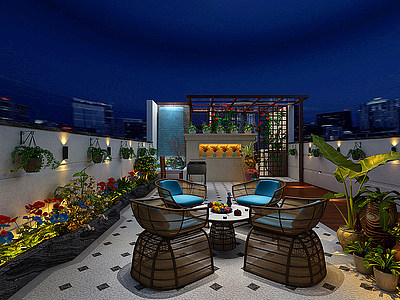 3d新中式屋顶阳台露台花园模型