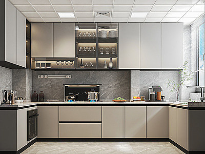3dU型开放式厨房模型